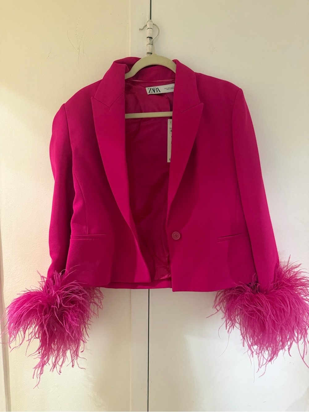 Zara Fuchsia Feather-Cuff Cropped Blazer